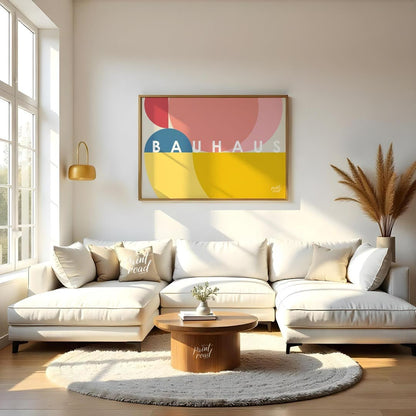 This vibrant Bauhaus-inspired poster features an overlapping composition of large, sweeping circula… for living room