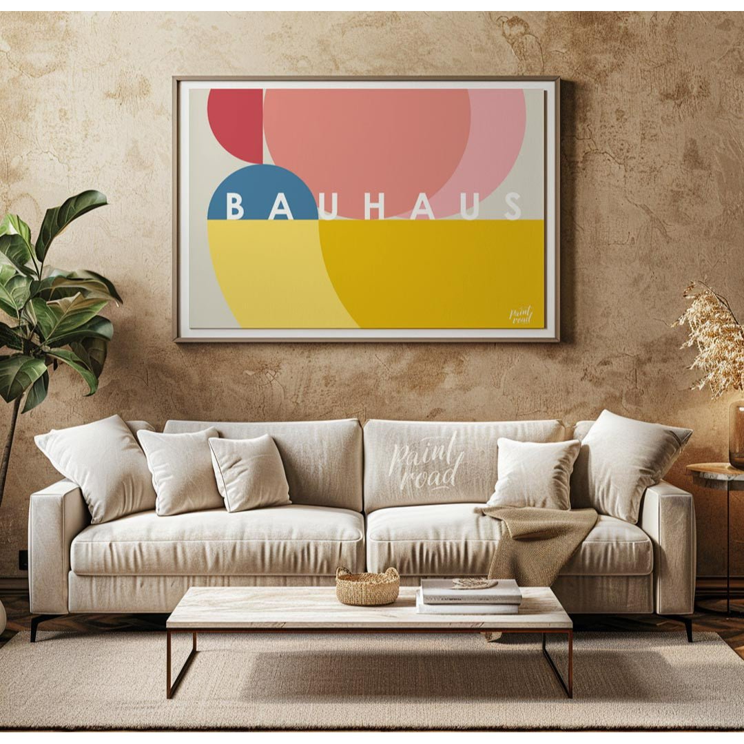 This vibrant Bauhaus-inspired poster features an overlapping composition of large, sweeping circula… for living room