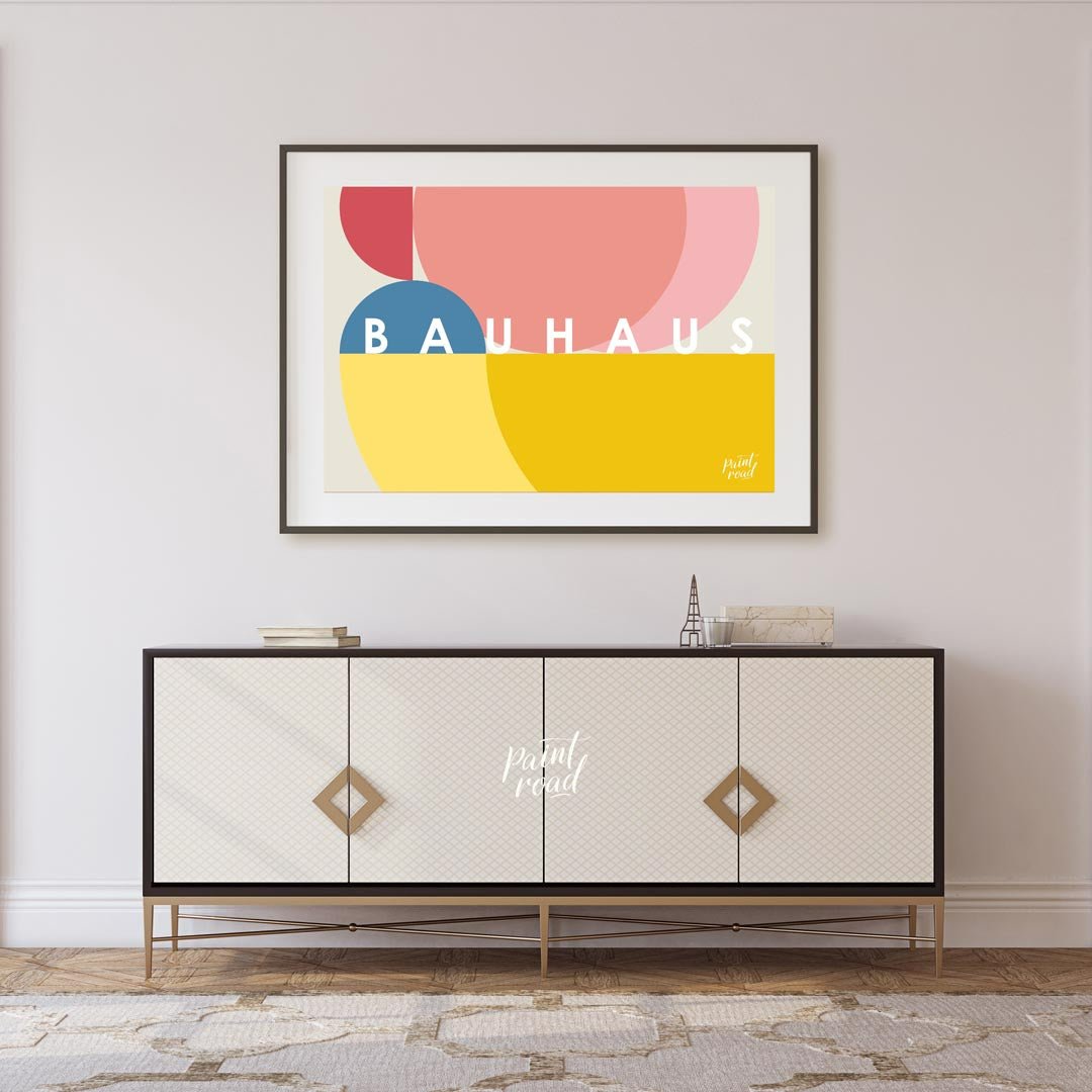 This vibrant Bauhaus-inspired poster features an overlapping composition of large, sweeping circula… for living room