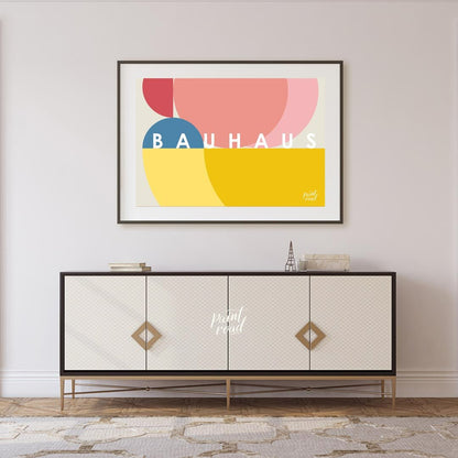 This vibrant Bauhaus-inspired poster features an overlapping composition of large, sweeping circula… for living room