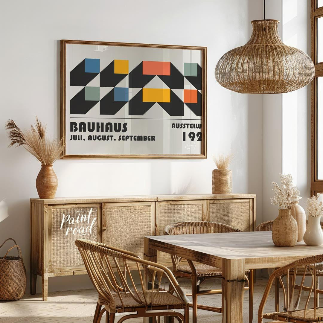 This intricate Bauhaus-inspired poster features a compelling interplay of geometric shapes, creatin… for dining room