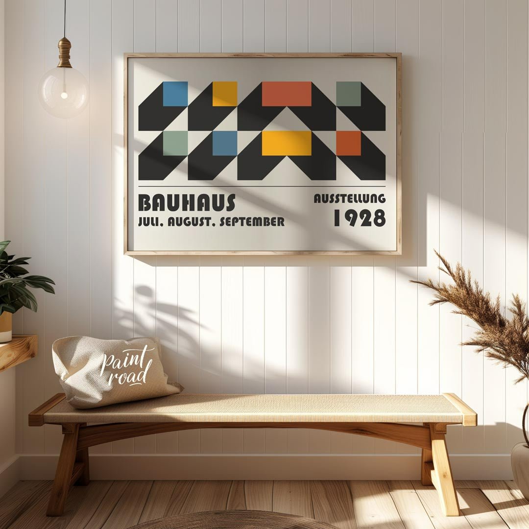 This intricate Bauhaus-inspired poster features a compelling interplay of geometric shapes, creatin… for entryway