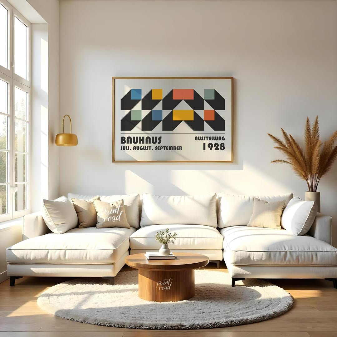 This intricate Bauhaus-inspired poster features a compelling interplay of geometric shapes, creatin… for living room
