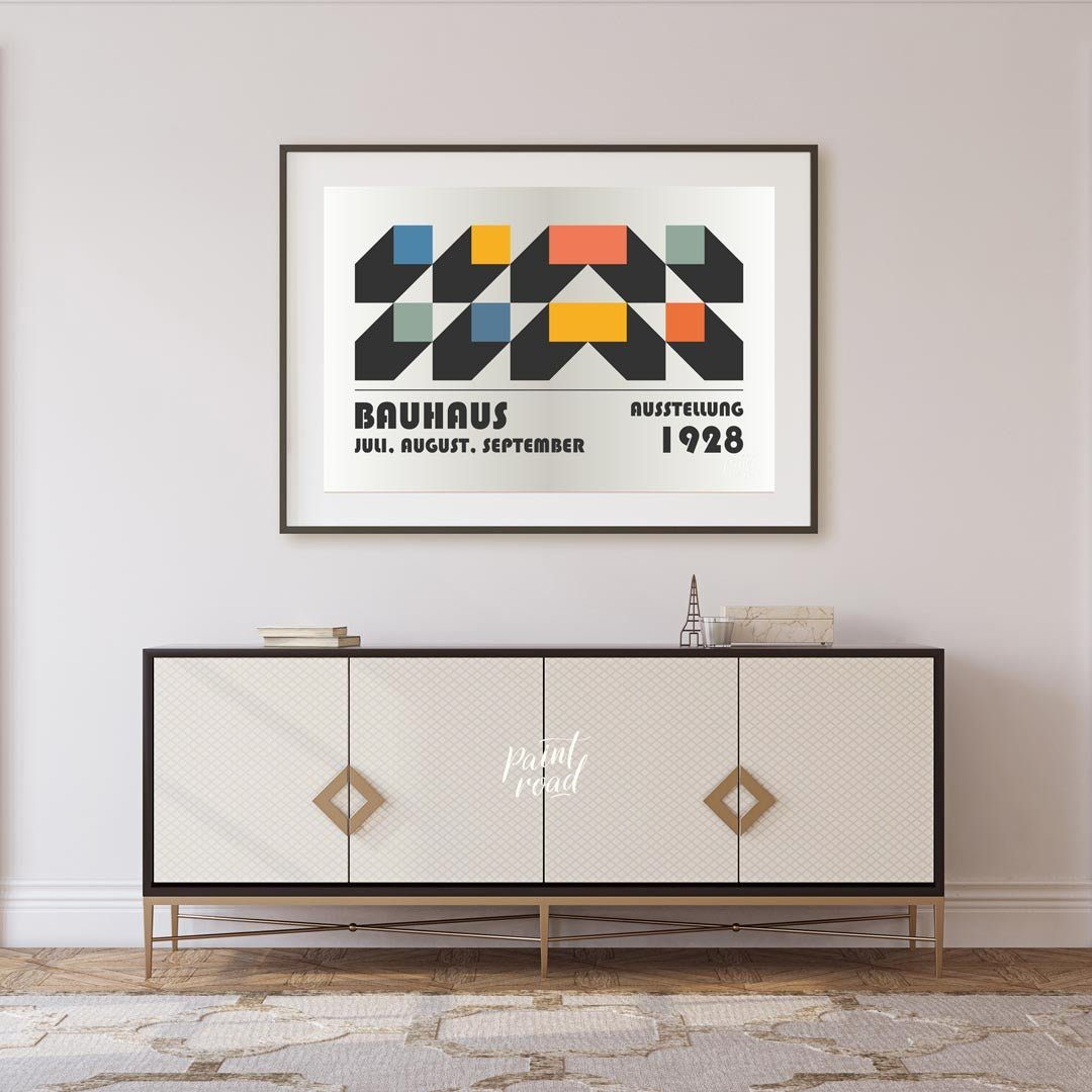 This intricate Bauhaus-inspired poster features a compelling interplay of geometric shapes, creatin… for living room