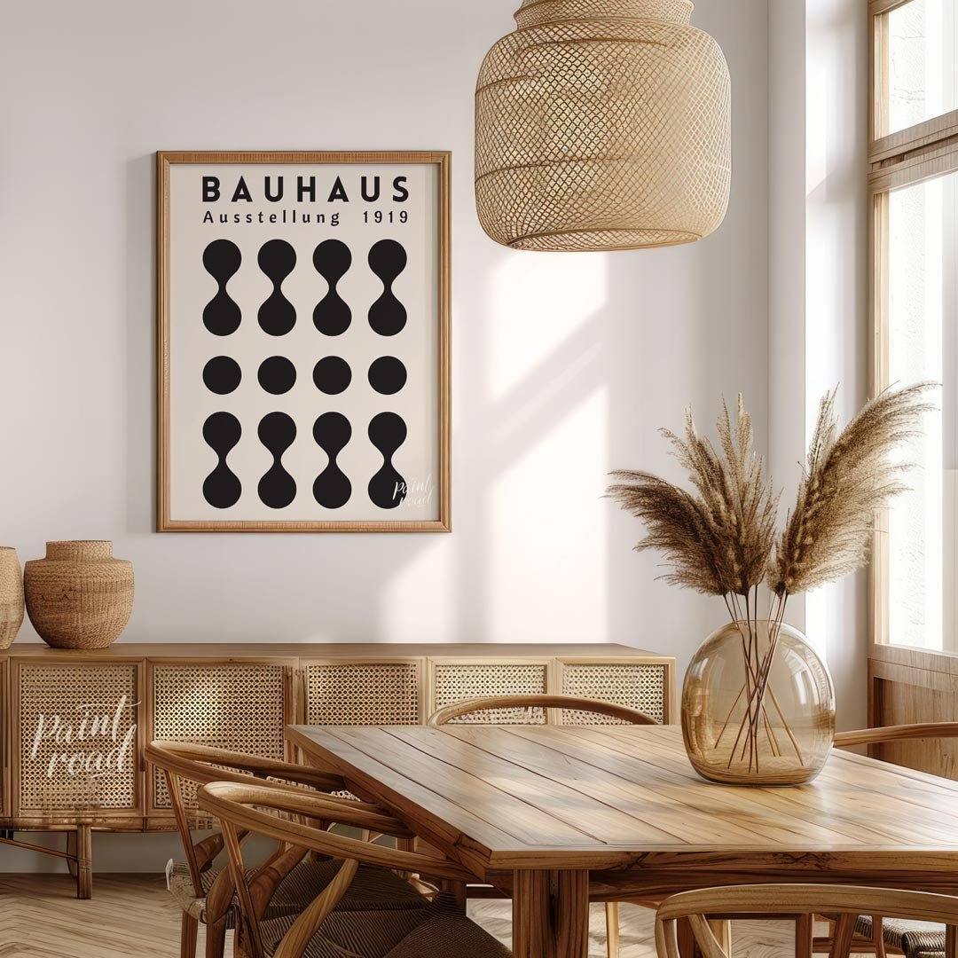 This poster, titled "BAUHAUS Ausstellung 1919," is a prime example of the iconic Bauhaus design phi… for dining room