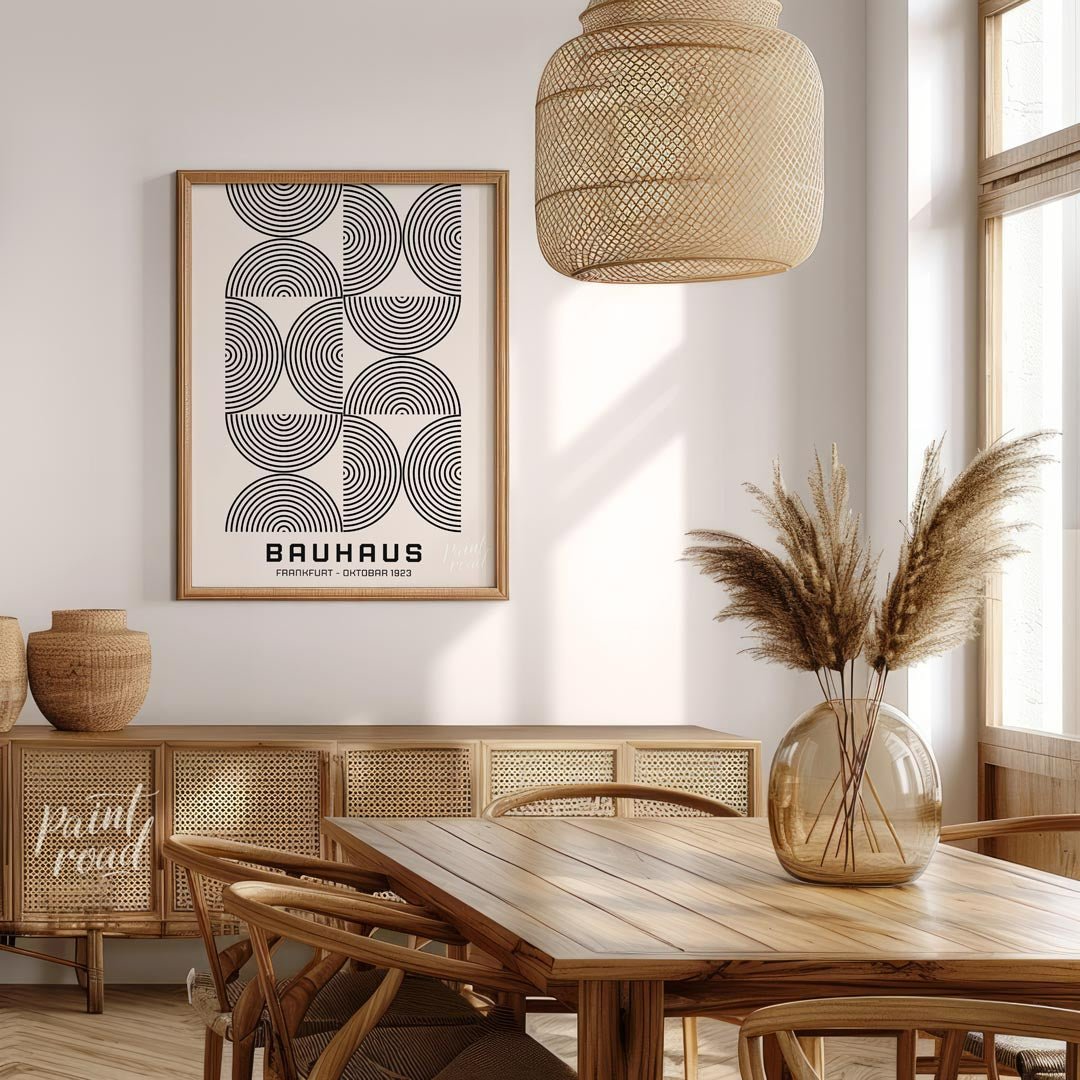 This minimalist Bauhaus poster presents a sophisticated arrangement of concentric arched lines in b… for dining room