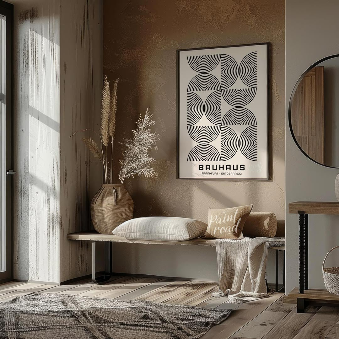 This minimalist Bauhaus poster presents a sophisticated arrangement of concentric arched lines in b… for entryway