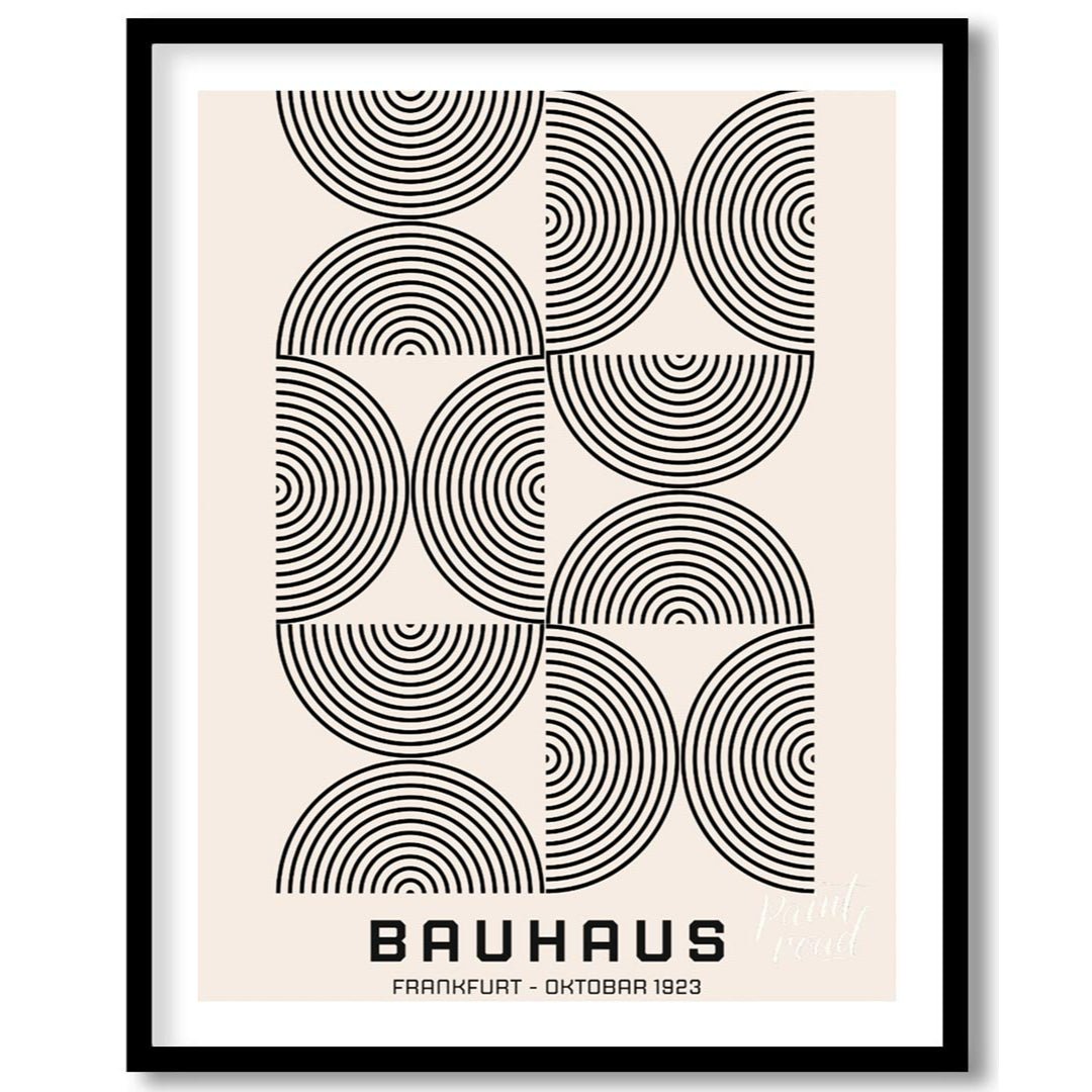This minimalist Bauhaus poster presents a sophisticated arrangement of concentric arched lines in b… for house