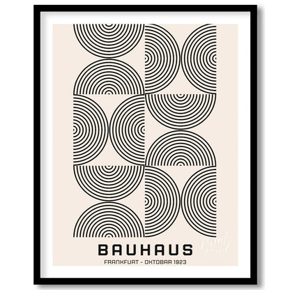 This minimalist Bauhaus poster presents a sophisticated arrangement of concentric arched lines in b… for house