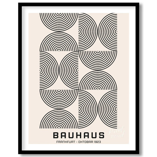 This minimalist Bauhaus poster presents a sophisticated arrangement of concentric arched lines in b… for house