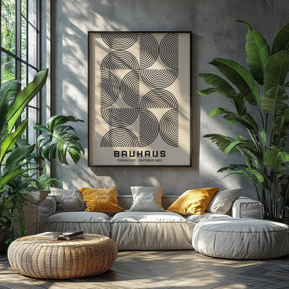 This minimalist Bauhaus poster presents a sophisticated arrangement of concentric arched lines in b… for living room