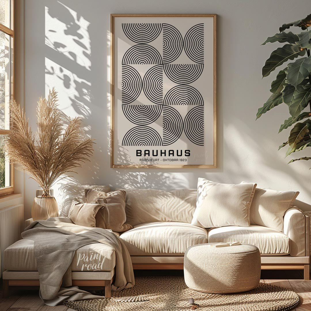 This minimalist Bauhaus poster presents a sophisticated arrangement of concentric arched lines in b… for living room