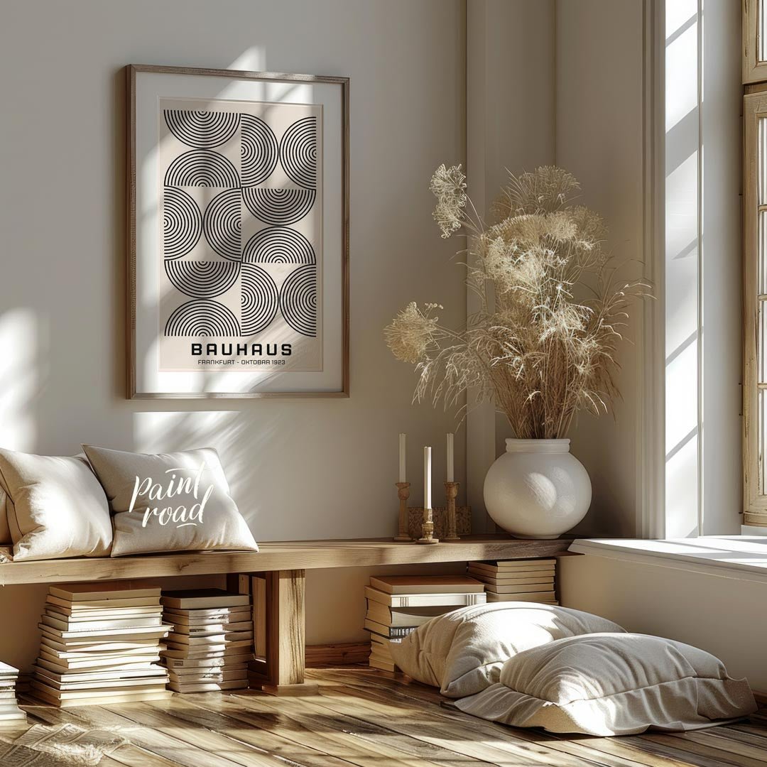 This minimalist Bauhaus poster presents a sophisticated arrangement of concentric arched lines in b… for living room