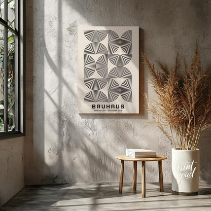 This minimalist Bauhaus poster presents a sophisticated arrangement of concentric arched lines in b… for other