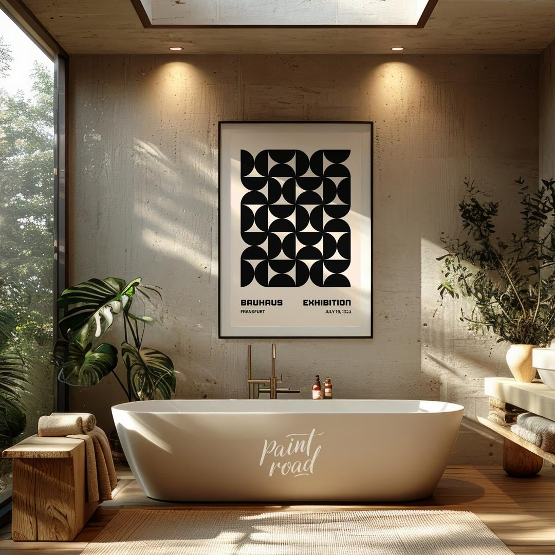 This striking poster is a quintessential example of Bauhaus design, showcasing a bold, interlocking… for bathroom
