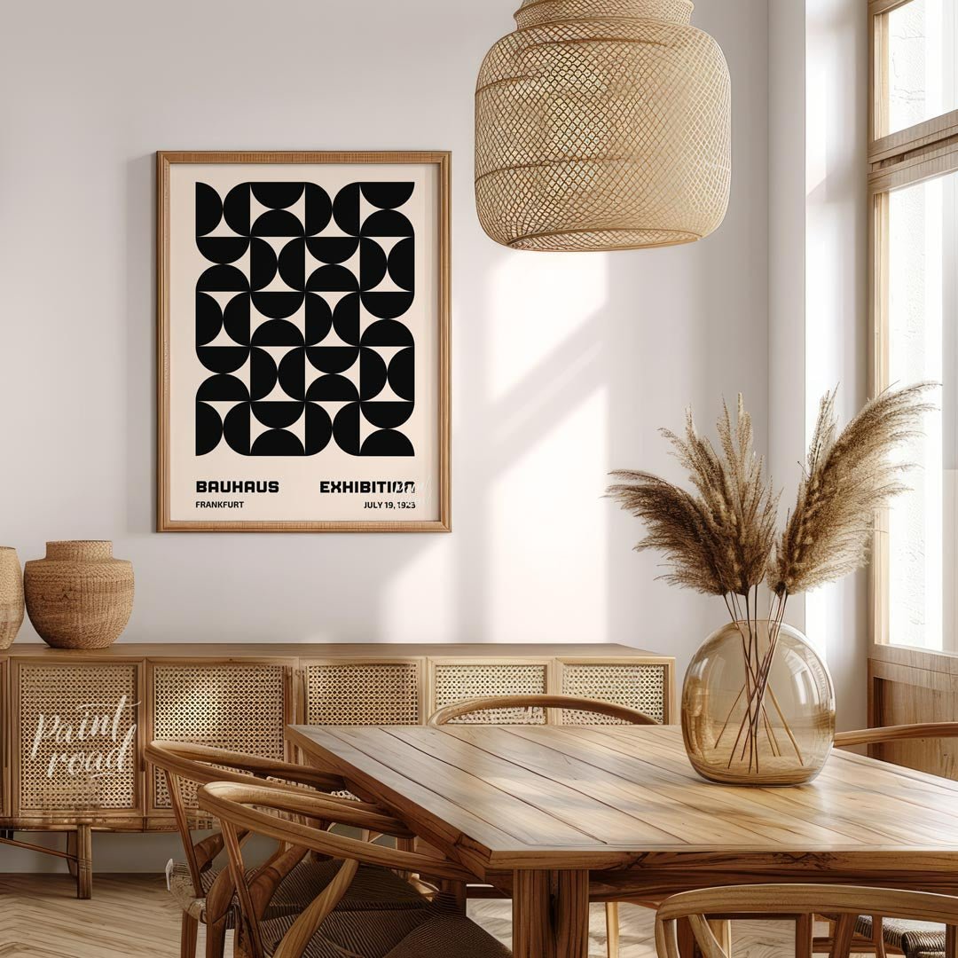 This striking poster is a quintessential example of Bauhaus design, showcasing a bold, interlocking… for dining room