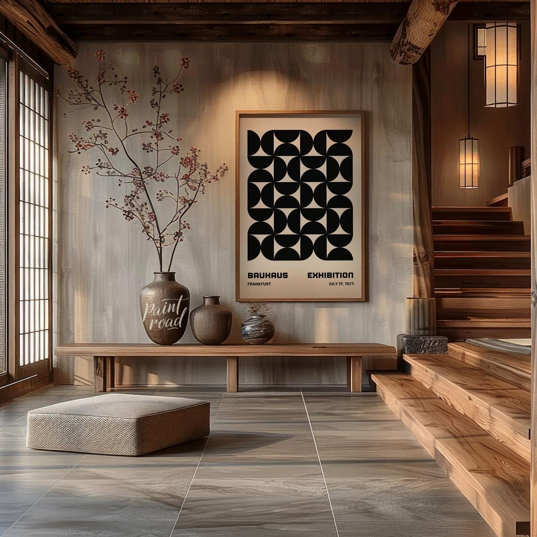 This striking poster is a quintessential example of Bauhaus design, showcasing a bold, interlocking… for entryway