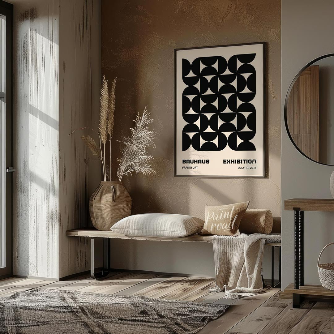This striking poster is a quintessential example of Bauhaus design, showcasing a bold, interlocking… for entryway