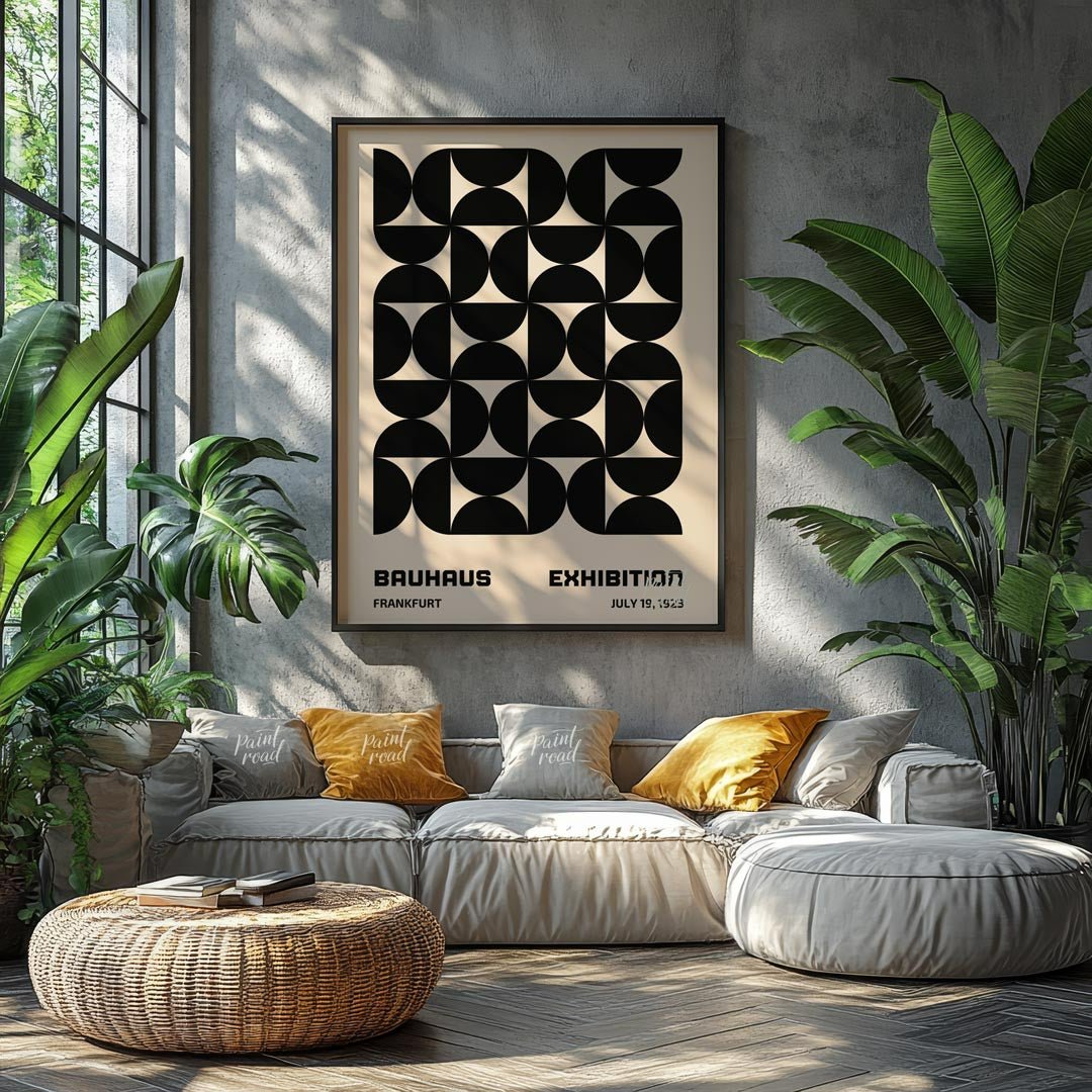 This striking poster is a quintessential example of Bauhaus design, showcasing a bold, interlocking… for living room