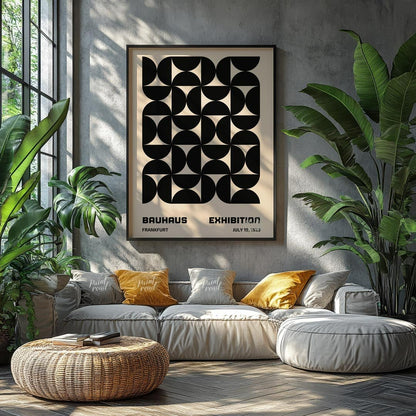 This striking poster is a quintessential example of Bauhaus design, showcasing a bold, interlocking… for living room