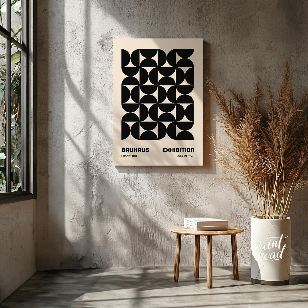 This striking poster is a quintessential example of Bauhaus design, showcasing a bold, interlocking… for living room