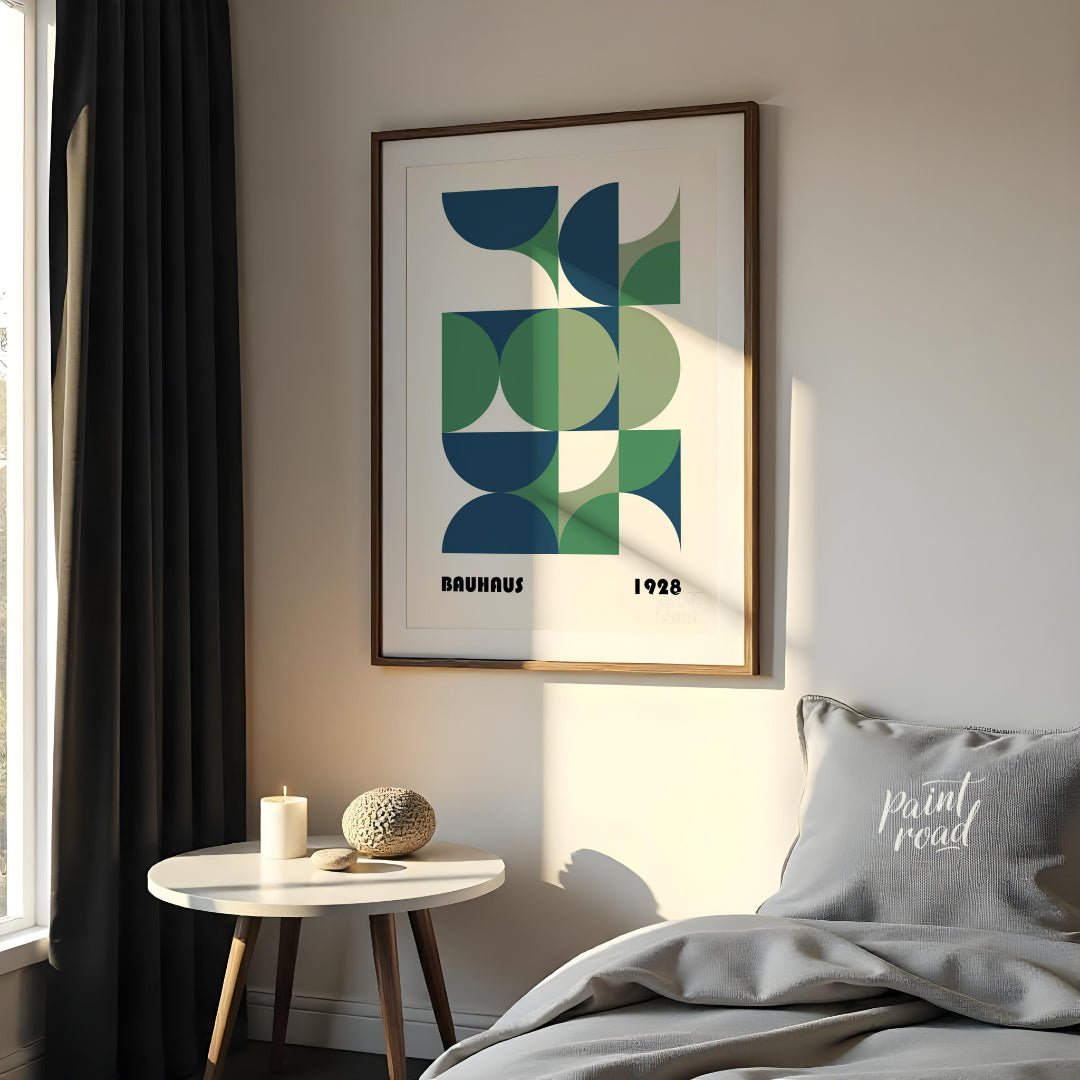 This Bauhaus-style poster is a vibrant composition of interconnected geometric shapes, primarily qu… for bedroom