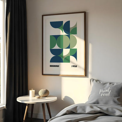 This Bauhaus-style poster is a vibrant composition of interconnected geometric shapes, primarily qu… for bedroom