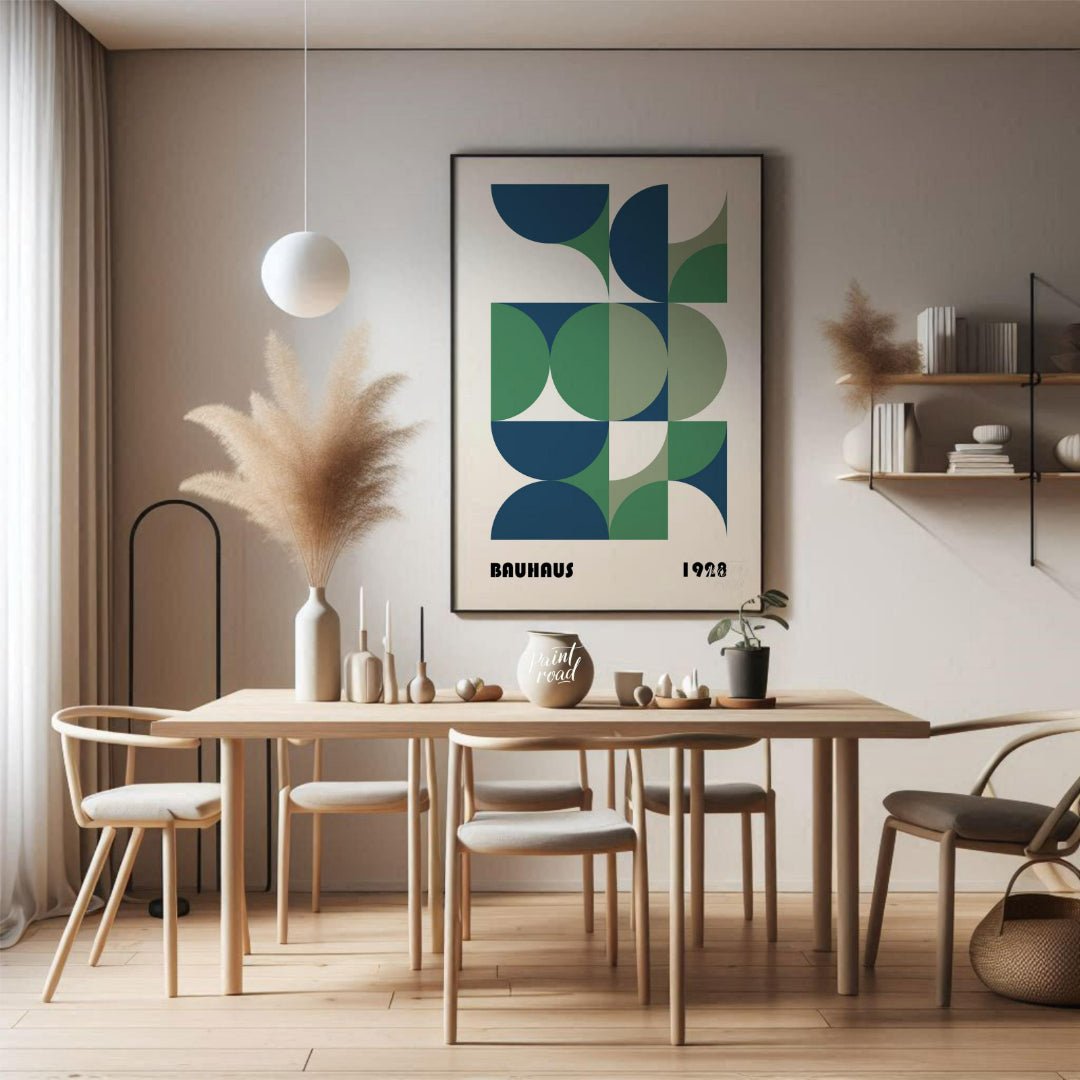 This Bauhaus-style poster is a vibrant composition of interconnected geometric shapes, primarily qu… for dining room