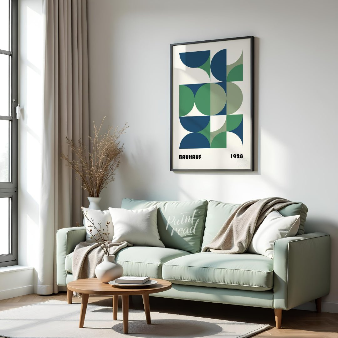 This Bauhaus-style poster is a vibrant composition of interconnected geometric shapes, primarily qu… for living room