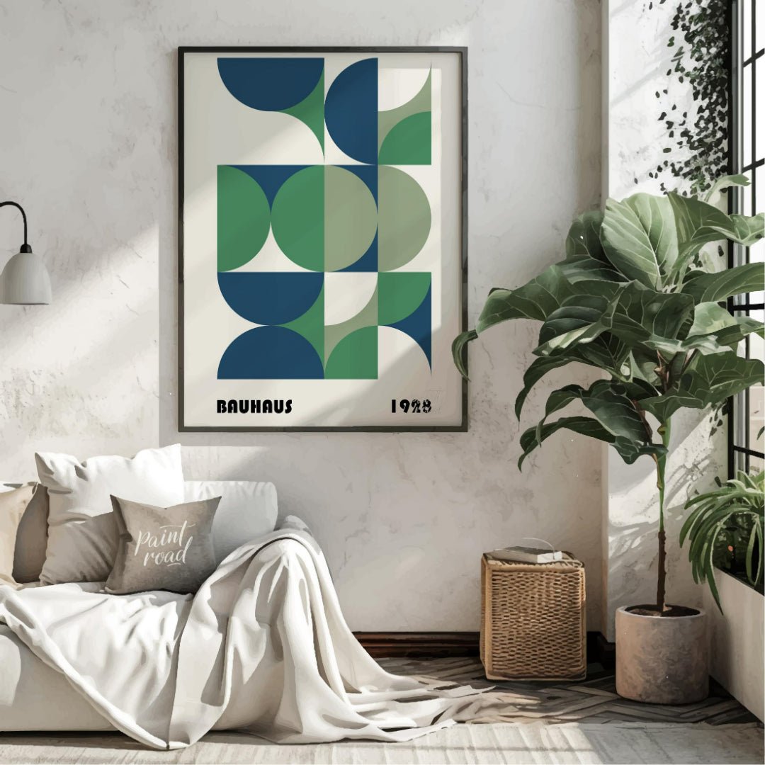 This Bauhaus-style poster is a vibrant composition of interconnected geometric shapes, primarily qu… for living room