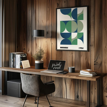 This Bauhaus-style poster is a vibrant composition of interconnected geometric shapes, primarily qu… for office