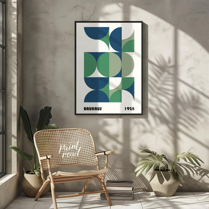 This Bauhaus-style poster is a vibrant composition of interconnected geometric shapes, primarily qu… for other