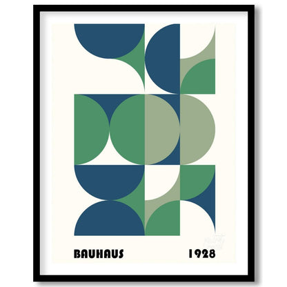 This Bauhaus-style poster is a vibrant composition of interconnected geometric shapes, primarily qu… for space
