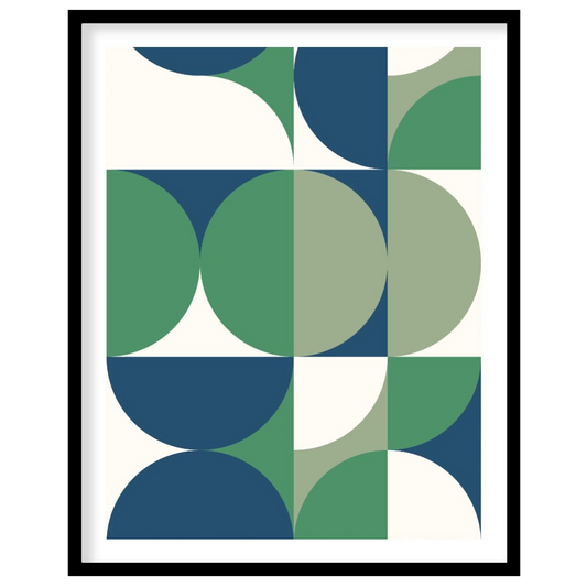 This Bauhaus-style poster is a vibrant composition of interconnected geometric shapes, primarily qu… for space