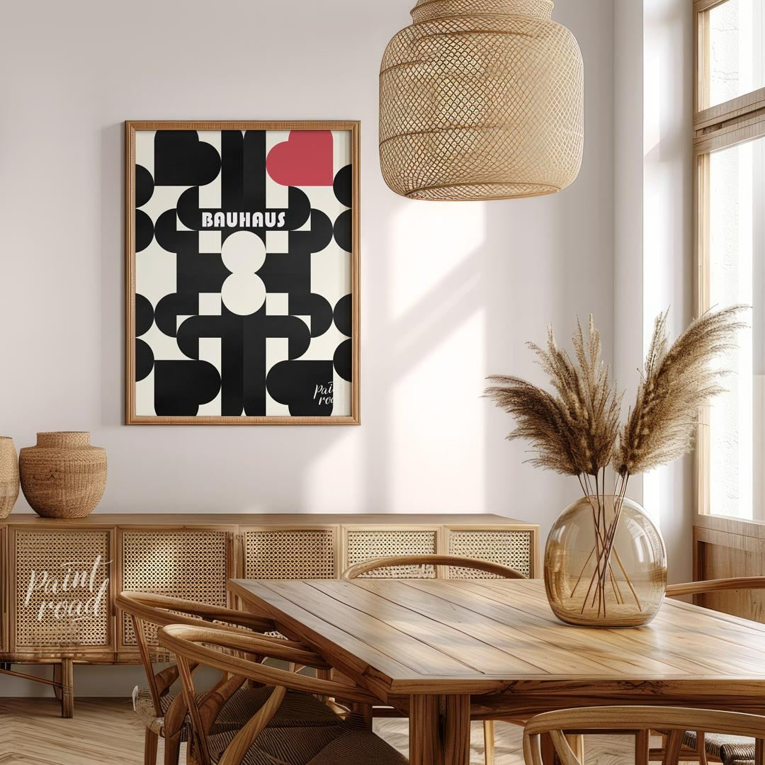 This captivating digital poster, titled "Bauhaus Geometric Hearts Poster," offers a modern interpre… for dining room