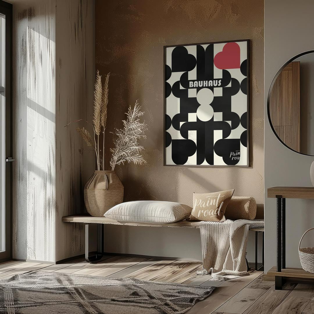 This captivating digital poster, titled "Bauhaus Geometric Hearts Poster," offers a modern interpre… for entryway