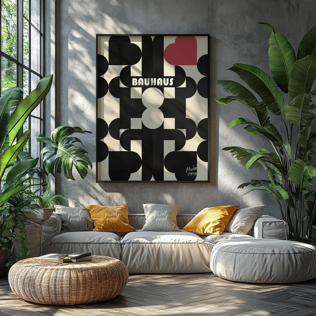 This captivating digital poster, titled "Bauhaus Geometric Hearts Poster," offers a modern interpre… for living room