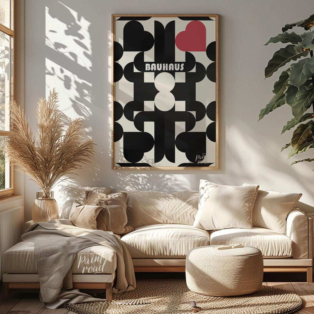 This captivating digital poster, titled "Bauhaus Geometric Hearts Poster," offers a modern interpre… for living room