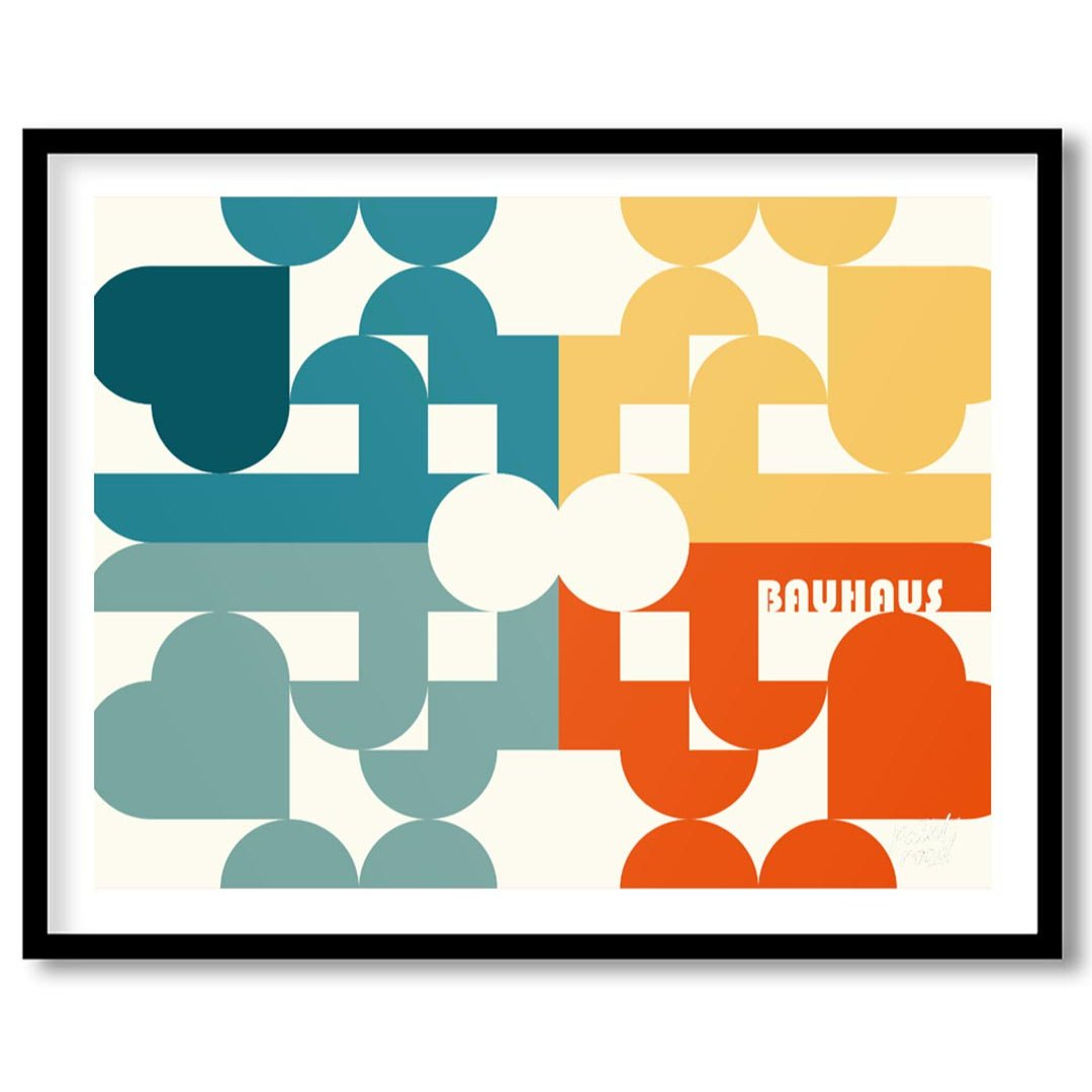This intricate Bauhaus-inspired poster showcases a vibrant and complex geometric mosaic, crafted fr… for area
