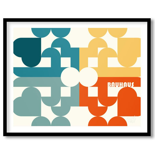 This intricate Bauhaus-inspired poster showcases a vibrant and complex geometric mosaic, crafted fr… for area
