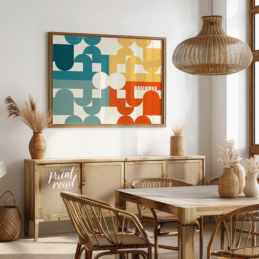 This intricate Bauhaus-inspired poster showcases a vibrant and complex geometric mosaic, crafted fr… for dining room