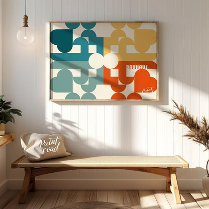 This intricate Bauhaus-inspired poster showcases a vibrant and complex geometric mosaic, crafted fr… for entryway