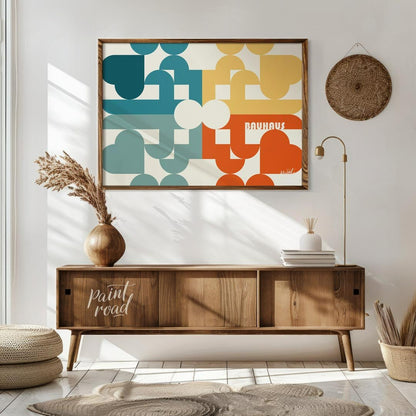 This intricate Bauhaus-inspired poster showcases a vibrant and complex geometric mosaic, crafted fr… for living room