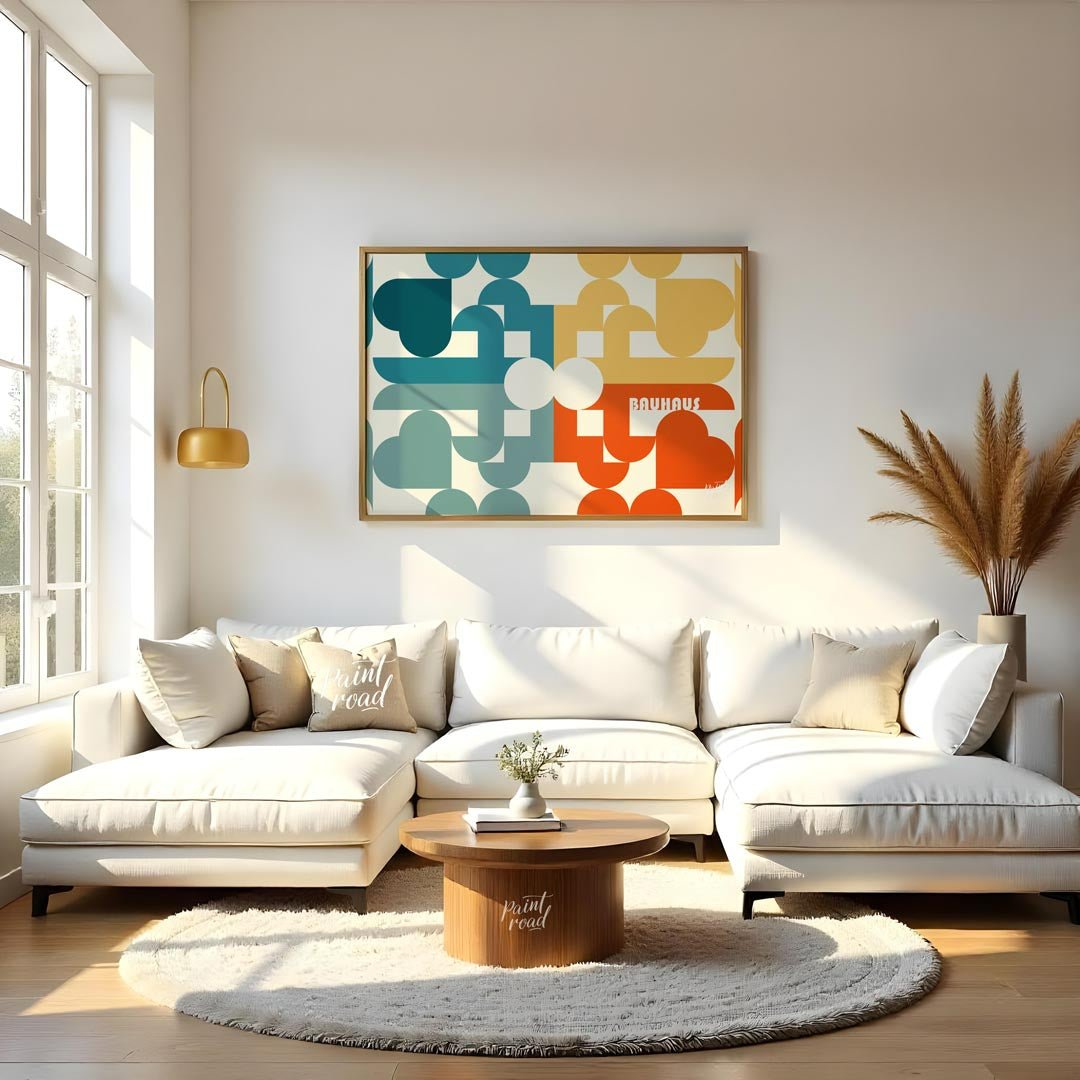 This intricate Bauhaus-inspired poster showcases a vibrant and complex geometric mosaic, crafted fr… for living room