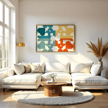 This intricate Bauhaus-inspired poster showcases a vibrant and complex geometric mosaic, crafted fr… for living room