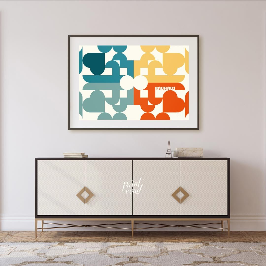 This intricate Bauhaus-inspired poster showcases a vibrant and complex geometric mosaic, crafted fr… for living room