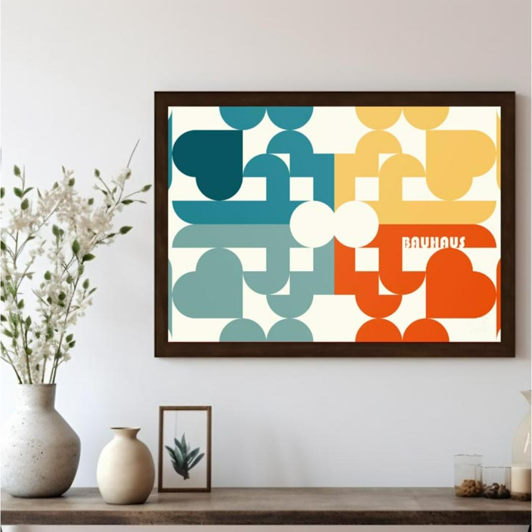 This intricate Bauhaus-inspired poster showcases a vibrant and complex geometric mosaic, crafted fr… for living room