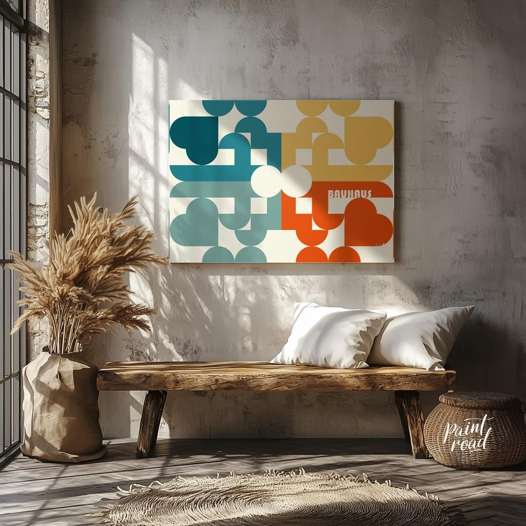 This intricate Bauhaus-inspired poster showcases a vibrant and complex geometric mosaic, crafted fr… for living room