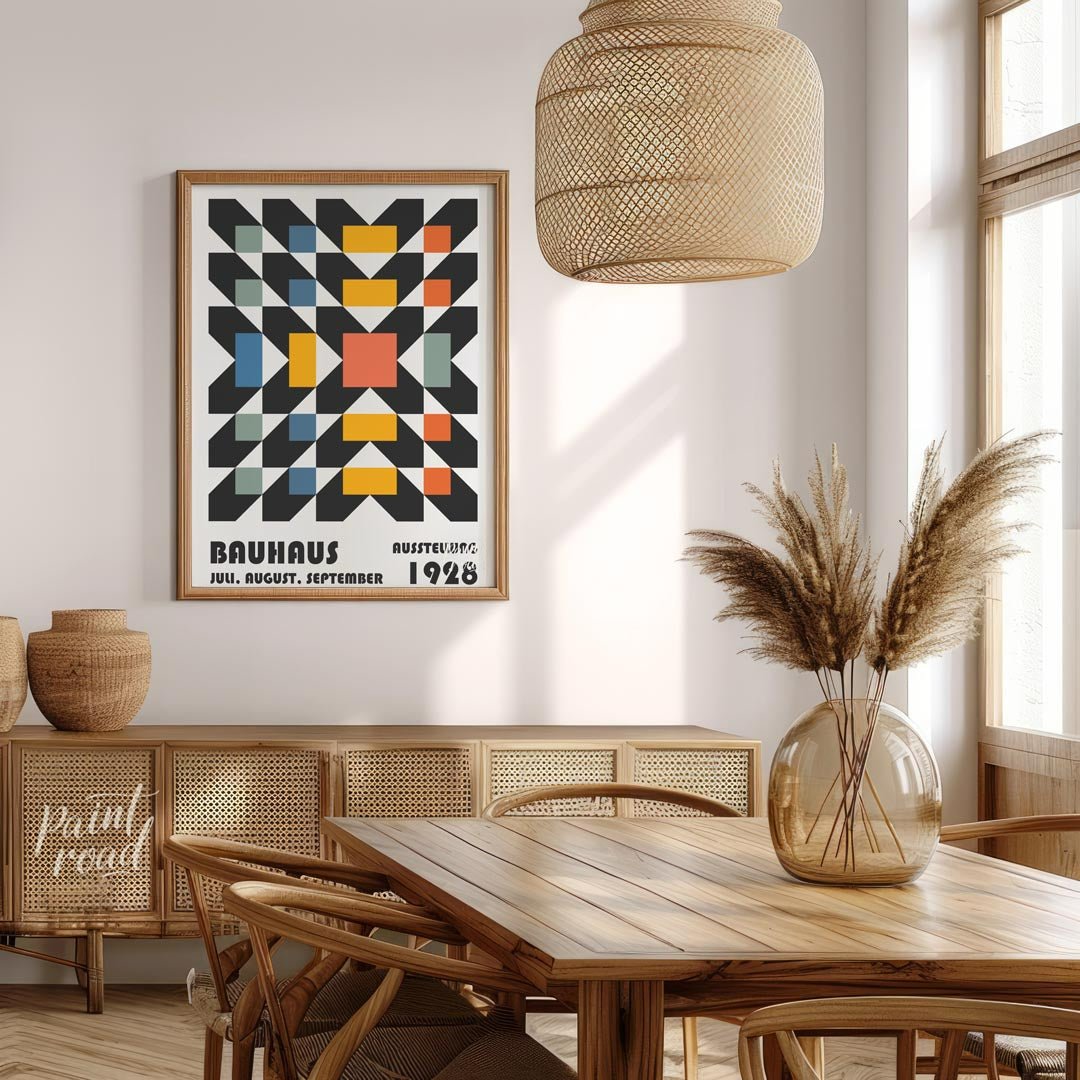 This captivating Bauhaus poster features a complex yet harmonious geometric pattern, resembling a w… for dining room