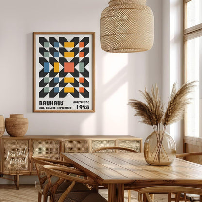 This captivating Bauhaus poster features a complex yet harmonious geometric pattern, resembling a w… for dining room